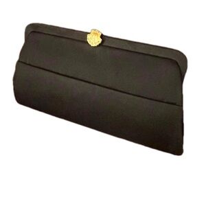 Vintage MCM 1951 Dorset-Rex Fifth Ave black satin gold clam clasp clutch purse